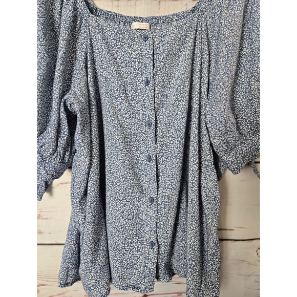 LC Lauren Conrad Womens Blouse Size XL Blue Floral Print Button Front Tie Sleeve - Picture 7 of 9